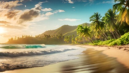 Beautiful tropical beach with palm trees, sunset beach seascape