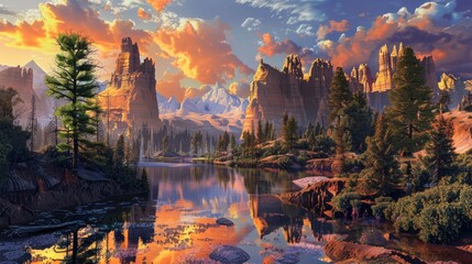 Wall Mural -  American Landmarks, US states, chromatic fantasy landscapes alive with magic, photorealism, HD