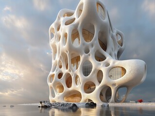 Wall Mural - A large white building with a lot of windows and a lot of circles. The building is on a beach and the water is calm