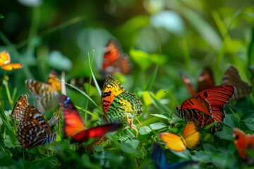 A close-up of a diverse group of butterflies resting on a lush green meadow