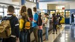 © Felippe Lopes - Students standing in line at a school cafeteria, waiting to get their lunch. They carry backpacks and engage in casual conversation.