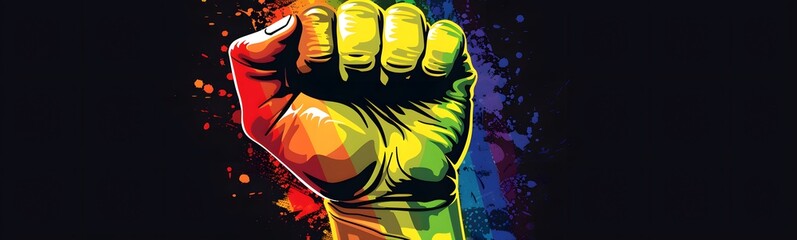 Wall Mural - Close up of a raised fist with LGBT rainbow flag