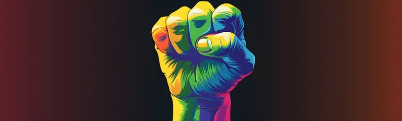 Wall Mural - Close up of a raised fist with LGBT rainbow flag