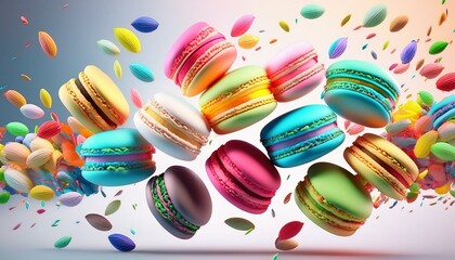 Various colorful of macarons floating in the air with motion blur white background
