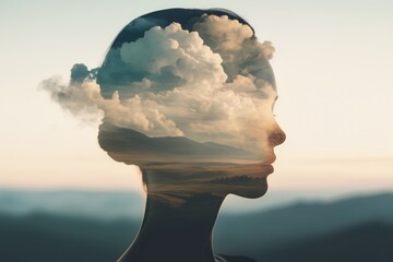 Wall Mural - Woman's head with Double exposure with clouds landscape in background