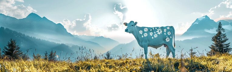 Panoramic Alpine Grazing: Amusing Cow on Fresh Green Meadow in Allgau, Austria's Picturesque Mountainscape