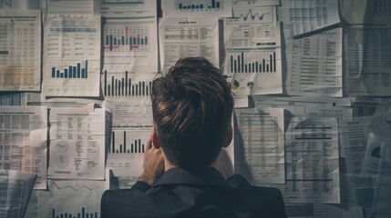 Poster - Blended image of a businessman looking at a financial report, with profit and loss graphs overlaying the pages