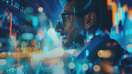 Poster - Blended image of a businessman using a financial software, with profit and loss charts and stock market data overlaying