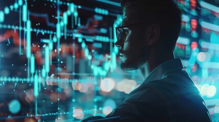 Poster - Blended image of a businessman using a financial software, with profit and loss charts and stock market data overlaying