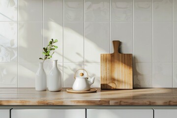 Poster - Cozy and Inviting Kitchen Scene with White Tiled Wall and Wooden Countertop in a Modern Home Setting Featuring Subtle Milk Bottle Shadows