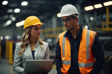 industrial engineer wearing hat and safety suit discussing project at industrial manufacturing factory background