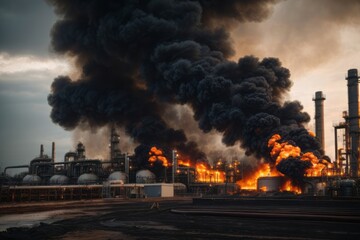 Wall Mural - Industrial oil refinery factory fire with powerful explosion and black smoke due to incident