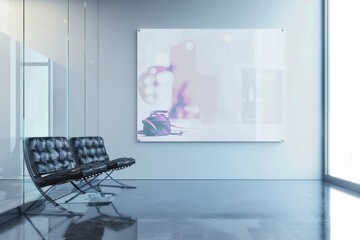 Poster - Futuristic Office Interior with Blank Billboard for Advertisement, Featuring Bright White Glass Walls and Modern Furniture