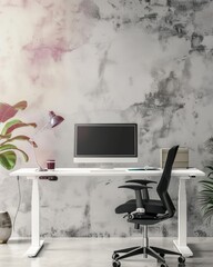 Poster - Modern Office Desk with Silver Interactive Whiteboard in Stylish Workspace with Bright White and Metallic Silver Decor, Ideal for Digital Economy and Smart Office Concepts