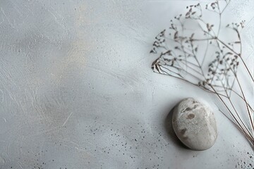 Minimalist round stone Rock and bouquet of dry on gray background. Place, background for cosmetics. Top view. Copy space - generative ai