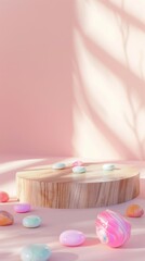 Poster - Minimalist Pastel Pink Mockup with Raw Wooden Podium and Colorful Candies, Soft Lighting and Gentle Shadows Creating a Joyful Nostalgic Scene