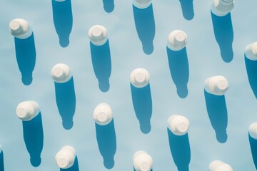 Leinwandbilder - Fresh Morning Vibe: White Milk Bottles Arranged Neatly on a Bright Light Blue Background