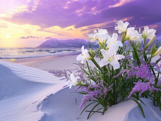 Wall Mural - Beautiful Lilies and Purple Flowers in Beach Sand Dunes at Sunset with Snowcapped Mountains. Golden Sun Rays and Blooming White Roses Under a Purple Sunset Sky. Abstract High Definition Photography.