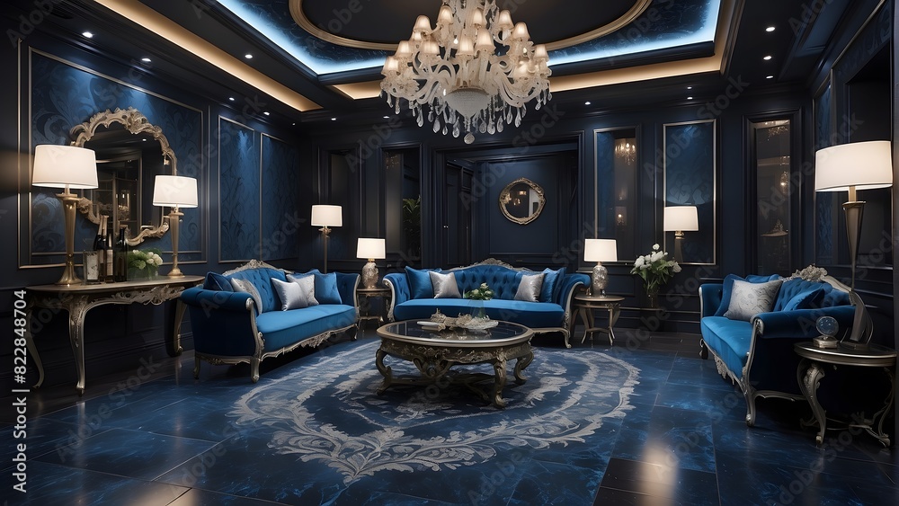 Royal luxury living room interior design, modern black, blue & golden ...