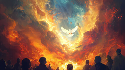 Pentecost. The descent of the Holy Spirit on the followers. People in front of a bright fire with white dove in the sky. Digital painting.