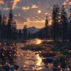 Wall Mural - a river with lights in the water and trees in the background