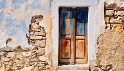 Sticker - Old rustic building with weathered wooden shutters and broken door generated by AI