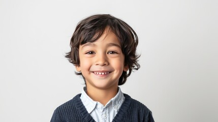 Close up of boy's face head with smiling expression on white background.