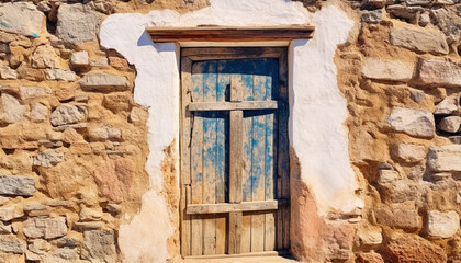 Sticker - Old rustic door and window frame, weathered wood, ancient architecture generated by AI