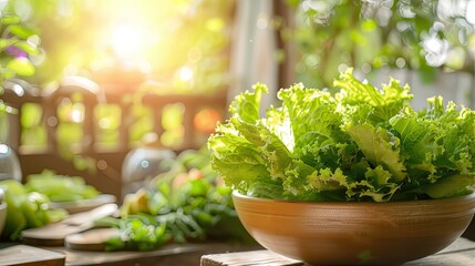 Wall Mural - Kitchen background with fresh lettuce in the bowl and sunshine 