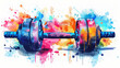 © Na-No Photos - Colorful artistic representation of a barbell with weights in a vibrant splash of blue, red, and yellow paint strokes against a white background.