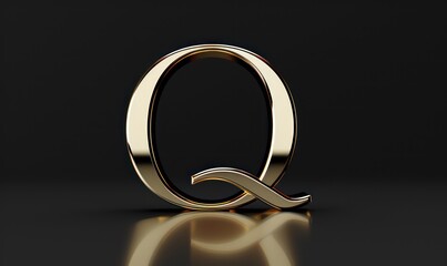 q capital futuristic rendering letter raw cast in gold metal on a black  flat background