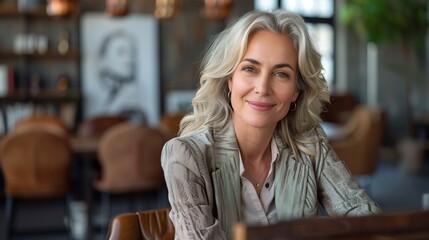 55 year old Caucasian executive woman sitting at the desk