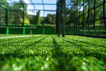 wallpaper of a padel court grass in close-up and low angle view, amazing light and lush green