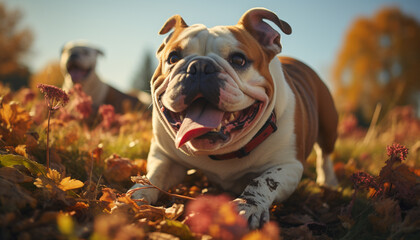 Sticker - Cute bulldog puppy playing outdoors, enjoying the autumn sunlight generated by AI