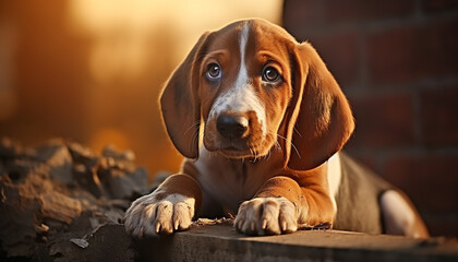 Poster - Cute puppy sitting outdoors, looking at camera with loyalty generated by AI