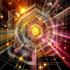 Poster - Futuristic Glowing Cube with Geometric Patterns in Space
