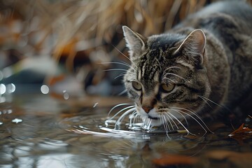 Wall Mural - a cat is drinking in the river