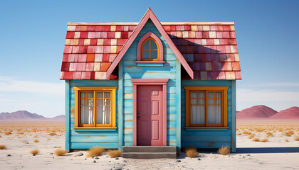 Poster - Wooden hut on sand, blue window frames, nature rustic architecture generated by AI