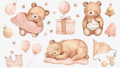 A set of cute bear illustrations in watercolor style, featuring bears with gifts, balloons, wrapped in blankets, and sleeping. Isolated vector illustrations.