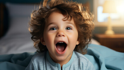 Poster - Cute boy playing happily, looking at camera with joy generated by AI