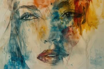 Wall Mural - Portrait of relaxing young beautiful woman drawing and painting with watercolor and ink. Abstract modern art of female or girl face blending and drafting with color pencil. Famine and beauty. AIG42.