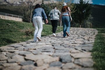 Wall Mural - Three friends laughing and walking together on a sunny day along a scenic cobblestone path, conveying a sense of freedom and enjoyment.