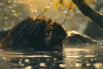 a monkey was drinking in the river