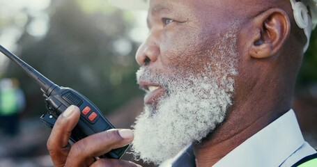 Leinwandbilder - Walkie talkie, talking and mature man with helmet, construction and contractor in site, outdoor and radio. Communication, architect and person with update in maintenance, inspection and transceiver