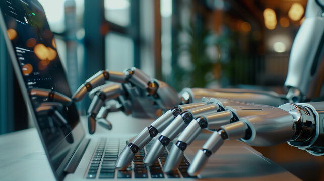 AI humanoid robot sitting at an office desk, typing on a laptop keyboard, symbolizing evolution, technology, and AI training.