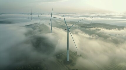 Wall Mural - Aerial view of wind turbines in the misty countryside, showcasing their towering presence against an expansive sky.
