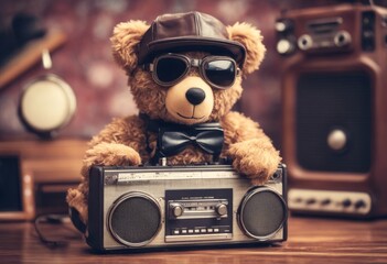 teddy stereo circa radio 80s style bear filtered aviator old s boombox retro tower sitting blaster toy hat cassette design tape vintage photo goggles leather school recorders ghetto music