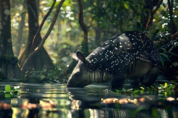 Wall Mural - a tapir is drinking water in a river