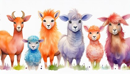 Wall Mural - Set of watercolor cartoon farm animals - fluffy alpaca, goat, horse, ram, sheep and cow isolated on white background. cartoons. Illustrations