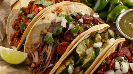 A delicious assortment of street tacos, featuring tender carnitas, spicy chorizo, and grilled vegetables, topped with fresh cilantro, onions, and a squeeze of lime, served with a side of spicy salsa 